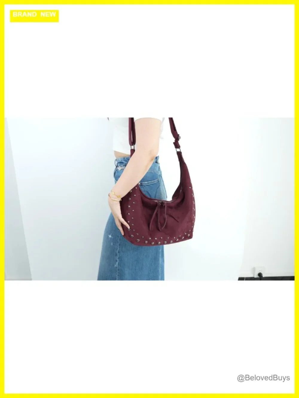Vintage Faux Suede Studded Hobo Bag with Adjustable Strap
